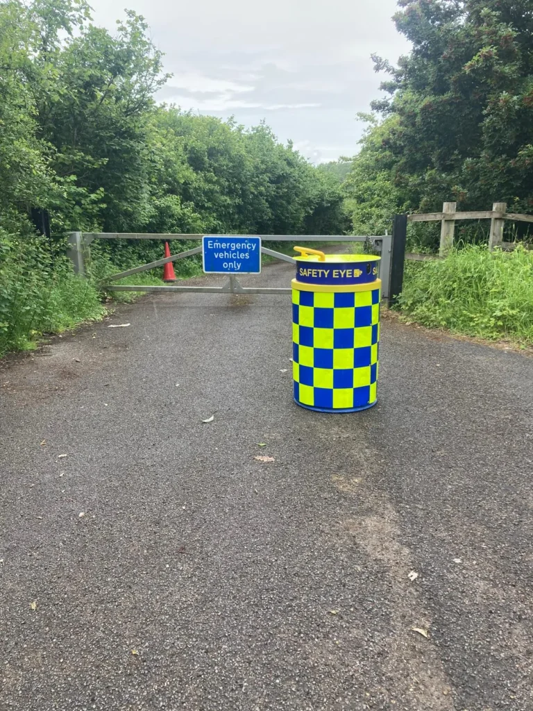 Safety Eye CCTV bollard positioned at emergency vehicle access gate with monitoring