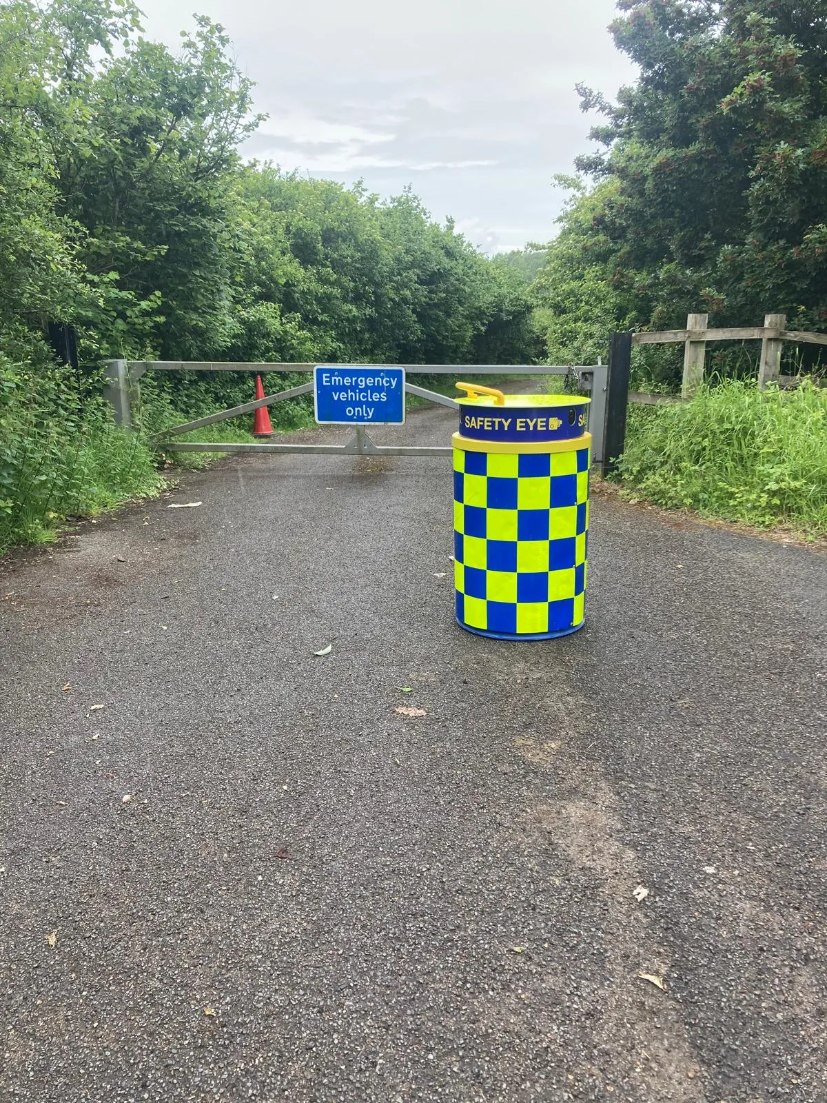 Safety Eye CCTV bollard positioned at emergency vehicle access gate with monitoring