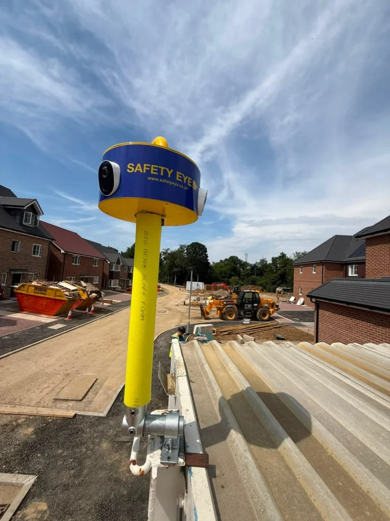 Safety Eye bollard on a scaffold pole mount providing security for a new build housing site