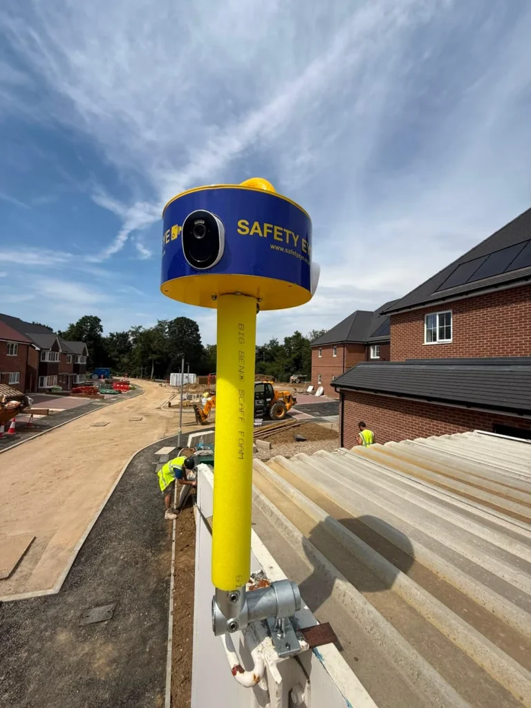 Safety Eye CCTV bollard on a scaffold pole mount at a new housing development