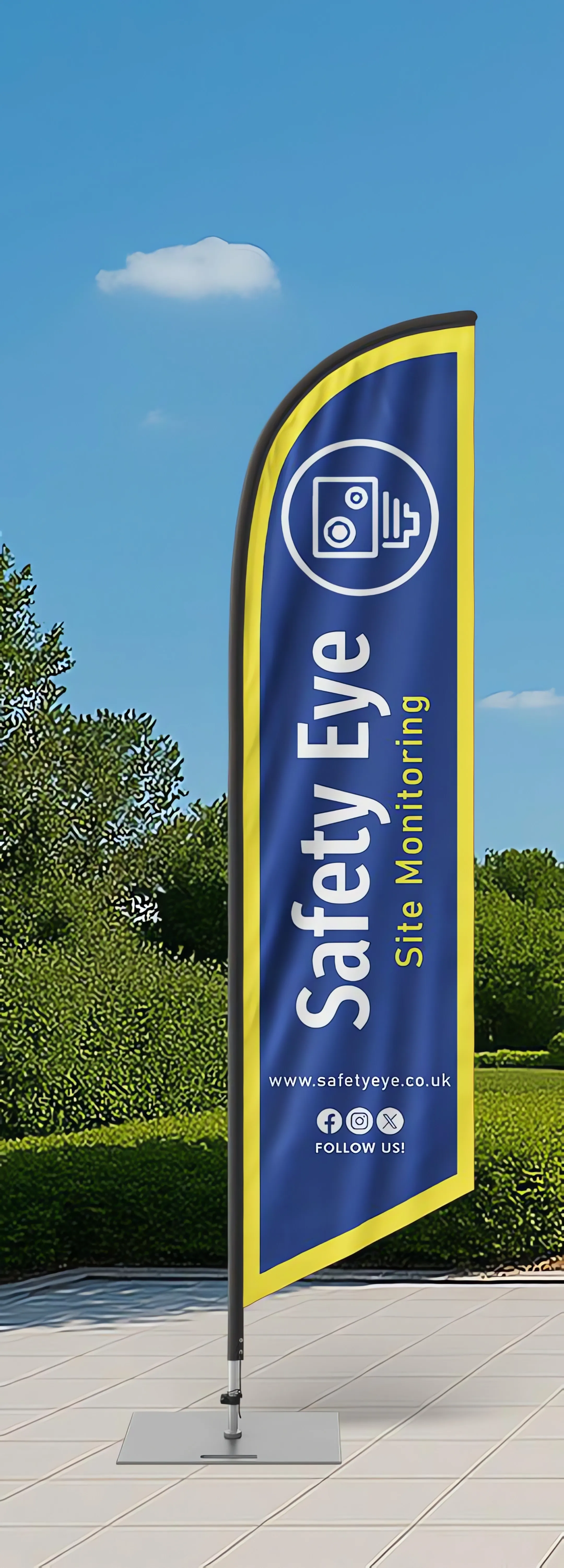 Safety Eye site monitoring branded display banner flag on outdoor pole